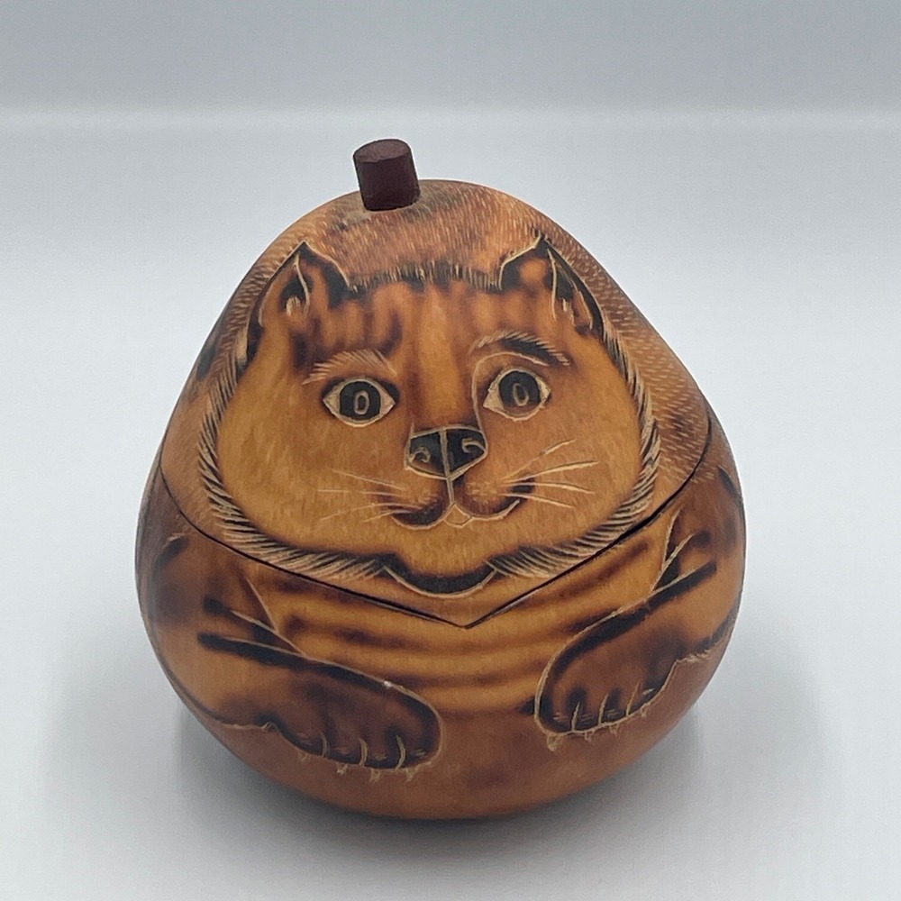 Hand Carved Gourd Cat Trinket Box Folk Art Wood Burned Decorative Vessel 4" Tall